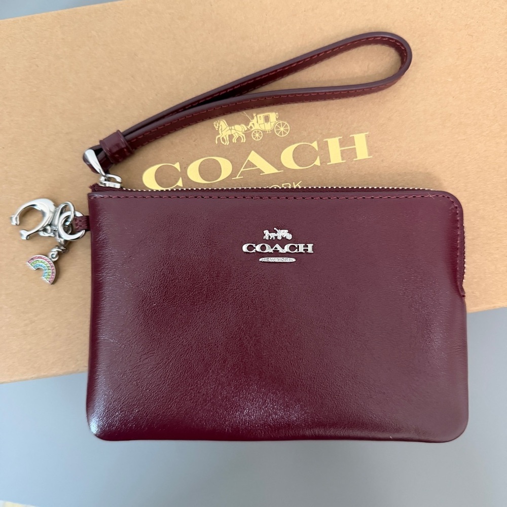 Coach Boxed Corner Zip Wristlet With Charms in Dark Wine Shiny Smooth Leather - Picture 2 of 9